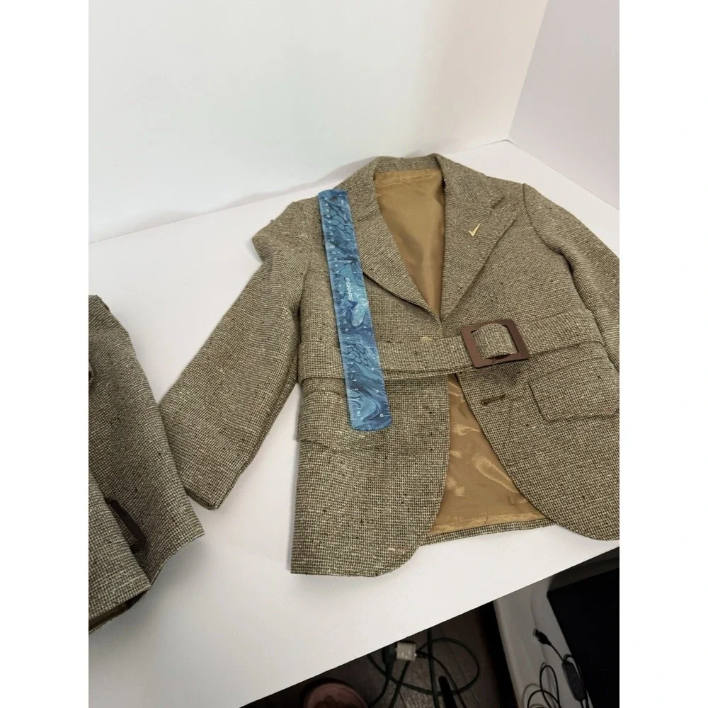 Vintage Mens Brown Herringbone Tweed Belted Jacket and Vest Set 1940s 50s Style